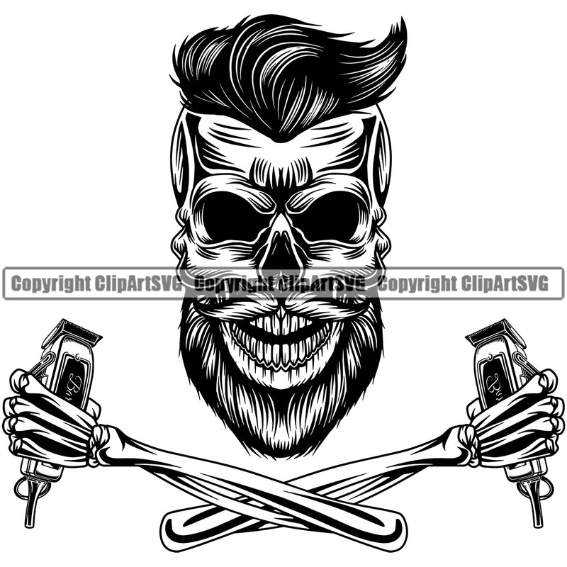 Barber Skull Skeleton Arms Design Element Clipper Clippers Barbershop Hair Cut Hairdresser Haircut Hairstyle Hairstylist Beauty Beard Shave Shaving Groom Retro Vintage Business Company Logo Clipart SVG