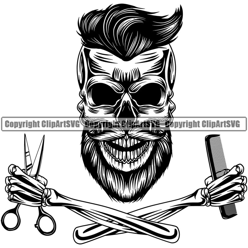 Barber Skull Skeleton Clipper Clippers Barbershop Hairstylist Beauty Salon Beard Shave Shaving Groom Design Element Retro Vintage Business Company Hair Cut Hairdresser Haircut Hairstyle Logo Clipart SVG
