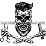 Barber Skull Skeleton Design Element Arms Clipper Clippers Barbershop Hair Cut Hairdresser Haircut Hairstyle Hairstylist Beauty Salon Beard Shave Shaving Groom Retro Vintage Business Company Logo Clipart SVG