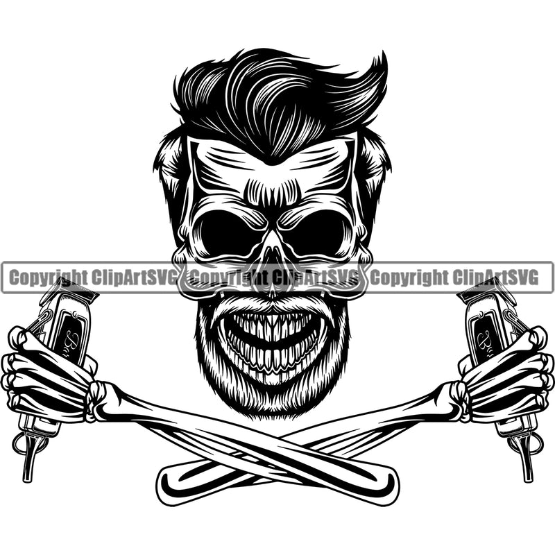 Barber Skull Arm Design Element Clipper Clippers Barbershop Hair Cut Hairdresser Haircut Hairstyle Hairstylist Beauty Salon Beard Shave Retro Vintage Business Company Logo Shaving Groom Grooming Clipart SVG