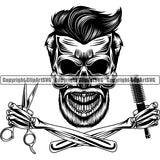 Barber Skull Skeleton Clipper Clippers Barbershop Hair Cut Hairdresser Haircut Hairstyle Hairstylist Beauty Salon Beard Shave Shaving Groom Grooming Design Element Retro Vintage Business Company Logo Clipart SV