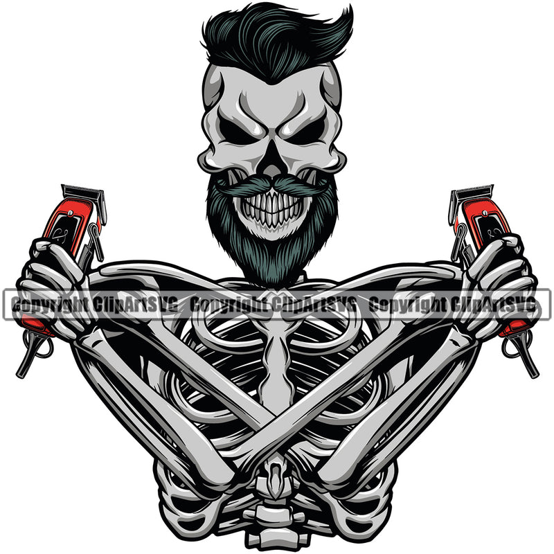 Barber Skull Skeleton Head Color Design Clipper Clippers Barbershop Hair Cut Hairdresser Haircut Hairstyle Hairstylist Beauty Salon Beard Shave Shaving Groom Grooming Design Element Retro Vintage Business Company Logo Clipart SVG