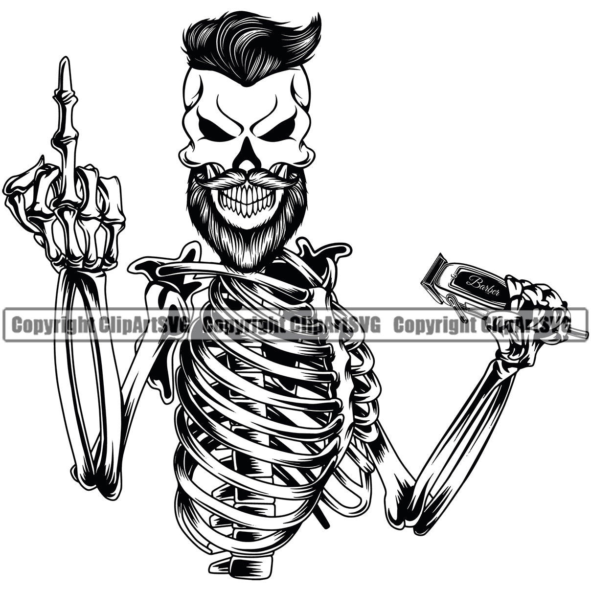 Barber Skull Skeleton Middle Finger Hand Holding Sign Clippers ...