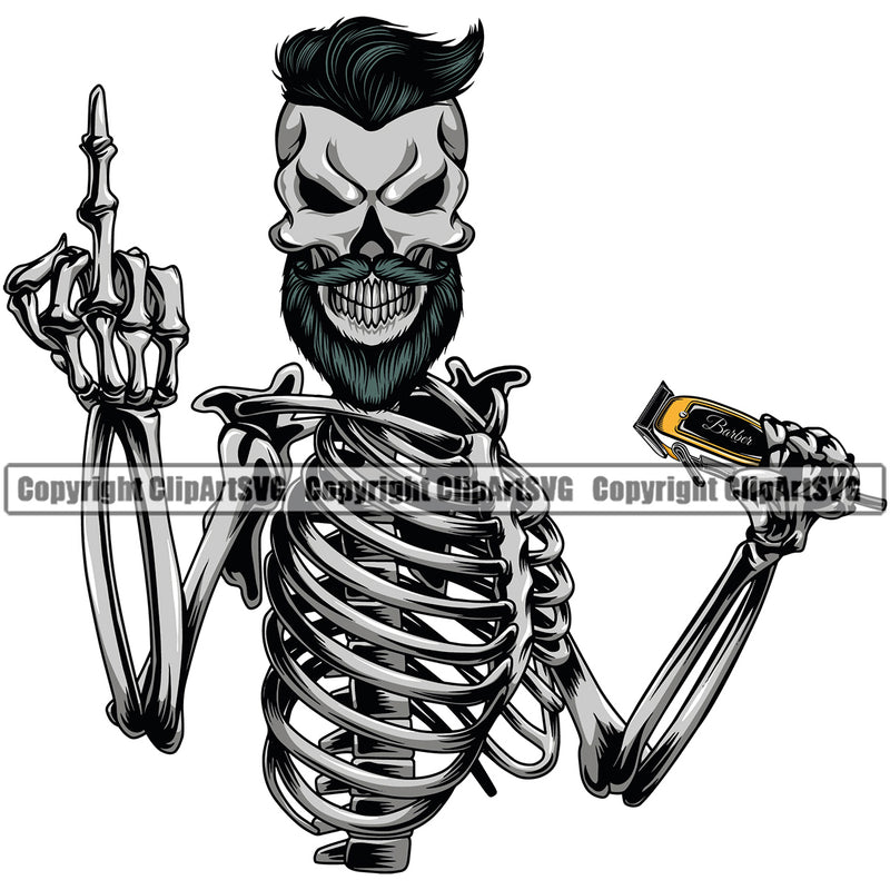 Barber Skull Skeleton Middle Finger Hand Holding Sign Color Clippers Barbershop Hairdresser Haircut Hairstyle Hairstylist Beauty Salon Beard Shave Shaving Groom Grooming Design Element Retro Vintage Business Company Logo Clipart SVG