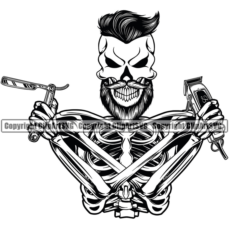 Barber Skull Skeleton Clippers Salon Beard Shave Shaving Groom Grooming Design Element Retro Vintage Business Company Barbershop Hair Cut Hairdresser Haircut Hairstyle Hairstylist Beauty Logo Clipart SVG