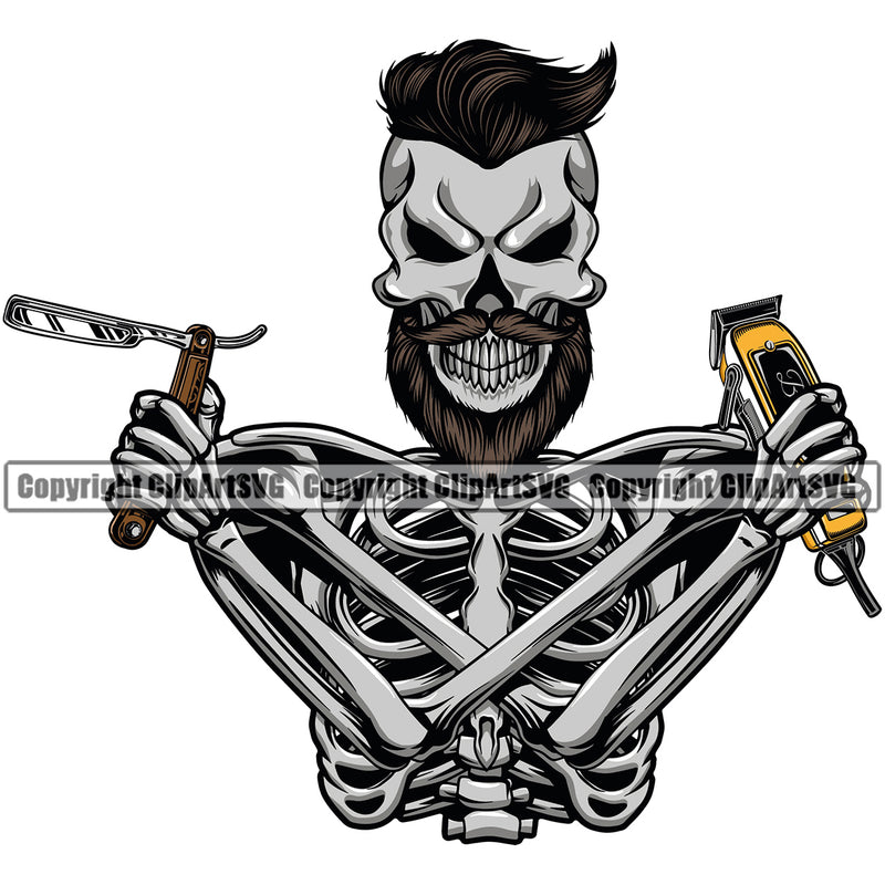 Barber Skull Skeleton Clippers Barbershop Mustache Professional Hairdresser Haircut Hairstylist Beauty Salon Beard Shave Shaving Groom Design Element Retro Vintage Business Company Logo Clipart SVG