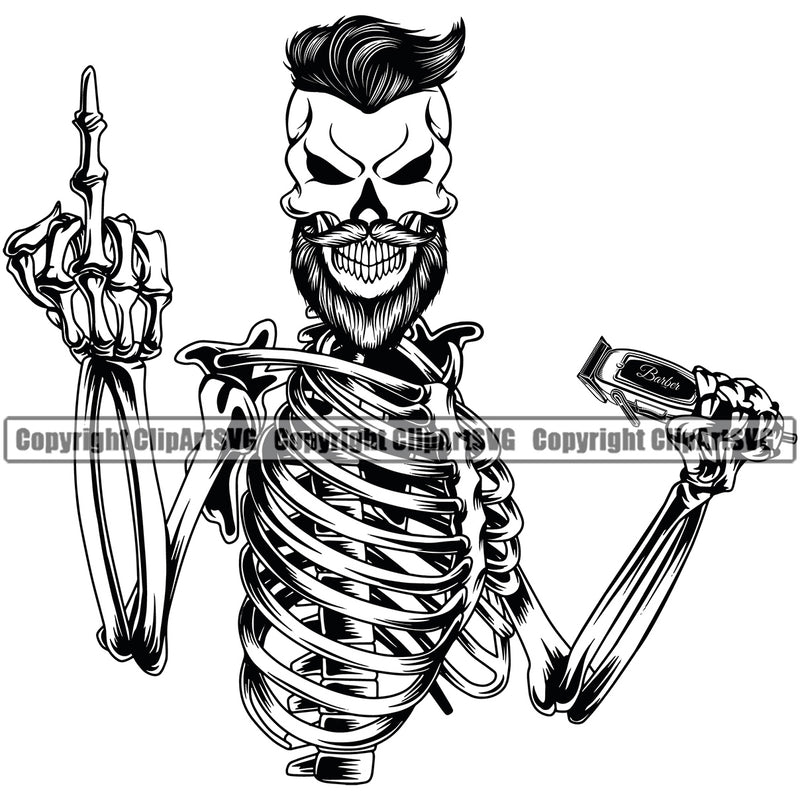 Barber Skull Skeleton Middle Finger Hand Holding Sign Clipper Clippers Barbershop Hairdresser Haircut Hairstyle Salon Beard Shave Shaving Groom Grooming Design Element Retro Business Company Logo Clipart SVG