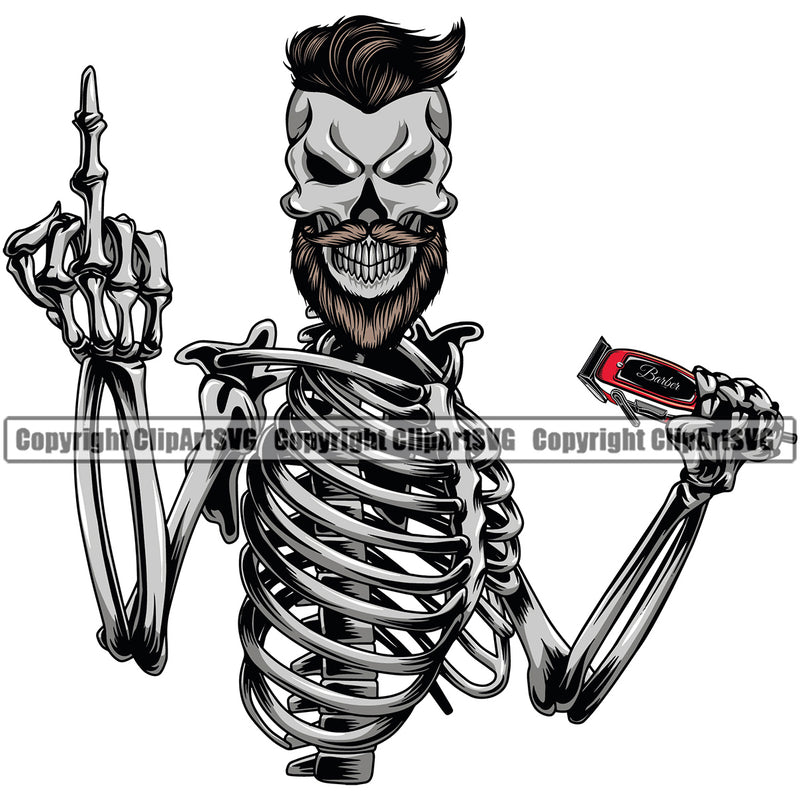 Barber Skull Skeleton Middle Finger Hand Holding Sign Color Clippers Barbershop Hairdresser Haircut Hairstyle Hairstylist Beauty Salon Beard Shave Shaving Groom Design Element Vintage Company Logo Clipart SVG