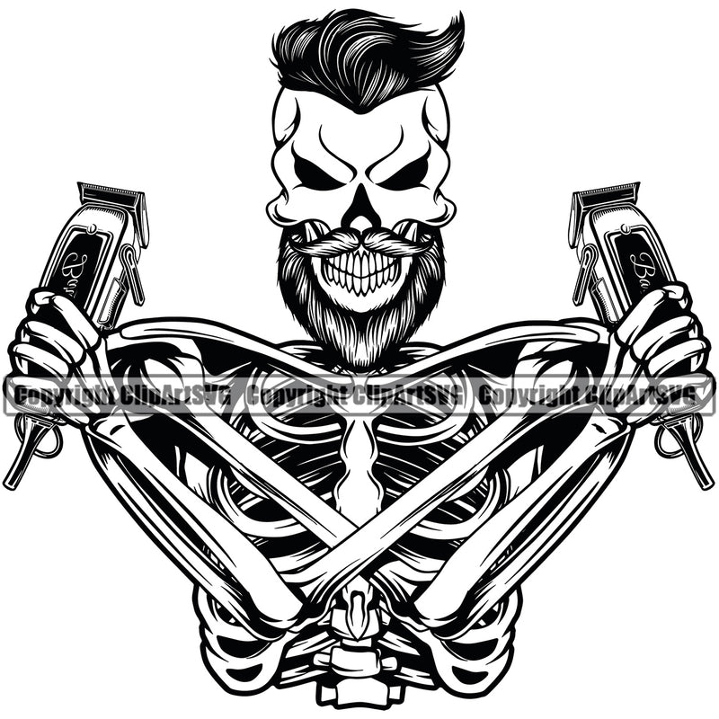 Barber Skull Skeleton Smile Face Design Clippers Barbershop Hair Cut Hairdresser Haircut Hairstyle Hairstylist Beauty Salon Beard Shaving Groom Design Element Retro Vintage Business Company Logo Clipart SVG