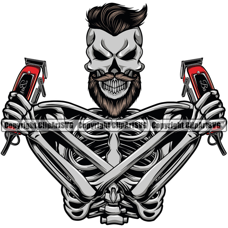 Barber Skull Skeleton Clippers Barbershop Hairstylist Beauty Salon Beard Shave Shaving Groom Grooming Design Element Retro Vintage Business Company Hair Cut Hairdresser Haircut Hairstyle Logo Clipart SVG