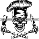 Chef Cook Cooking Cooker BBQ Barbecue Skull Skeleton Hand Arms Knife White Background Design Element Grill Food Restaurant Kitchen Cuisine Culinary Gourmet Design Logo Clipart SVG