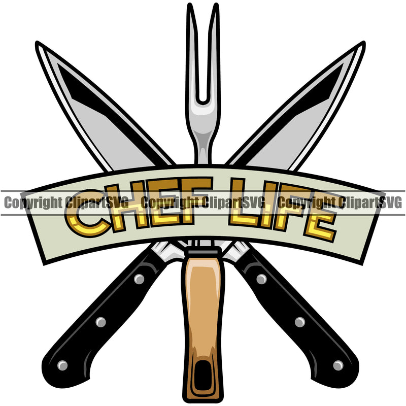 Chef Cook Cooking Cooker BBQ Barbecue Grill Chief Life Quote Text Color Knife Design Element Food Restaurant Kitchen Cuisine Culinary Gourmet Design Logo Clipart SVG