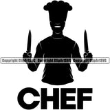 Chef Cook Cooking Cooker BBQ Barbecue Grill Food Restaurant Kitchen Double Hand Holding Knife Silhouette White Background Design Element Cuisine Culinary Gourmet Art Design Business Company Logo Clipart SVG