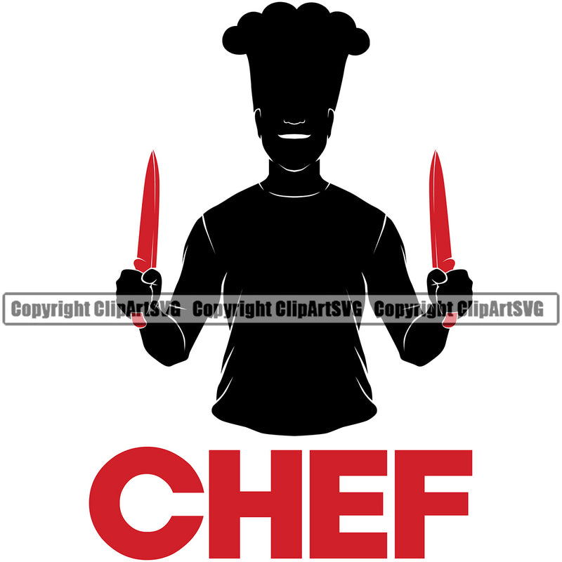 Chef Cook Cooking Cooker BBQ Barbecue Grill Food Restaurant Kitchen Chef Double Hand Holding Knife Red Color Design Element White Background Cuisine Culinary Gourmet Art Design Business Company Logo Clipart SVG