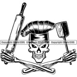 Bake Baker Baking Chef Cook Cooking Cooker BBQ Barbecue Grill Food Restaurant Kitchen Skull Skeleton Arms Holding Rolling Pin Grin Grinning Accessories Design Element Head Cuisine Culinary Gourmet Design Logo Clipart SVG