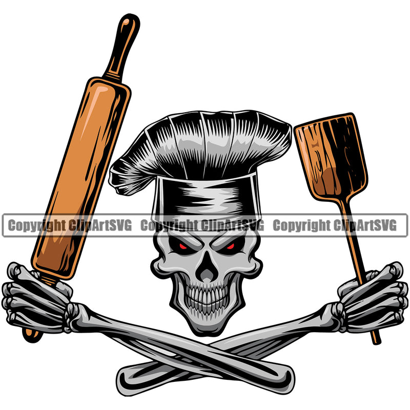 Bake Baker Baking Chef Cook Cooking Cooker BBQ Barbecue Grill Food Skull Skeleton Holding Rolling Pin Grin Grinning Color Arms Accessories Design Element Restaurant Kitchen Cuisine Culinary Gourmet Design Logo Clipart SVG