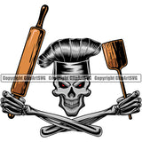 Bake Baker Baking Chef Cook Cooking Cooker BBQ Barbecue Grill Food Skull Skeleton Holding Rolling Pin Grin Grinning Color Arms Accessories Design Element Restaurant Kitchen Cuisine Culinary Gourmet Design Logo Clipart SVG