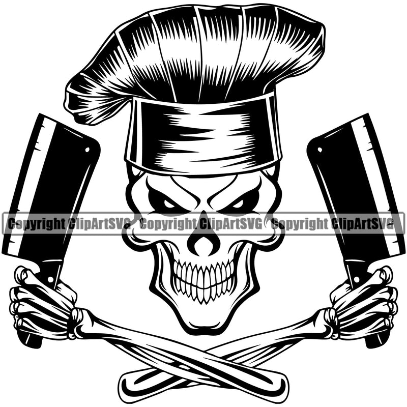 Chef Cook Cooking Cooker BBQ Barbecue Grill Food Skull Skeleton Hand Holding Butcher Knife Grin Grinning Arms And Head Accessories Design Element White Background Restaurant Kitchen Cuisine Culinary Gourmet Design Logo Clipart SVG
