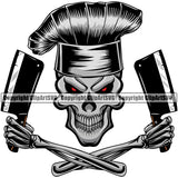 Chef Cook Cooking Cooker BBQ Barbecue Grill Food Skull Skeleton Hand Holding Butcher Knife Grin Grinning  Red Eyes Head Design Element Knife Holding Restaurant Kitchen Cuisine Culinary Gourmet Design Logo Clipart SVG