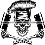 Chef Cook Cooking Cooker BBQ Barbecue Grill Food Skull Skeleton Arms Hand Holding Butcher Knife Grin Grinning Smile Face Design Element Restaurant Kitchen Cuisine Culinary Gourmet Design Logo Clipart SVG