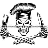 Chef Cook Cooking Cooker BBQ Barbecue Grill Food Chef Skull Skeleton Butcher Knife Grin Grinning Smile Face Hand Holding Knife Wearing Helmet Design Element Restaurant Kitchen Cuisine Culinary Gourmet Design Logo Clipart SVG