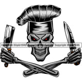Chef Cook Cooking Cooker BBQ Barbecue Grill Food Restaurant Kitchen Skull Skeleton Hand Holding Butcher Knife Grin Grinning Red Eyes Head Design Element White Background Cuisine Culinary Gourmet Design Logo Clipart SVG