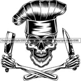Chef Cook Cooking Cooker BBQ Barbecue Grill Chef Skull Skeleton Hand Holding Butcher Knife Grin Grinning Smile Face Design Element Knife Holding Arms Food Restaurant Kitchen Cuisine Culinary Gourmet Design Logo Clipart SVG