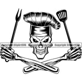 Chef Cook Cooking Cooker BBQ Barbecue Grill Food Restaurant Skull Skeleton Hand Holding Spatula Tongs Kitchen Accessories Grin Grinning Smile Face Design Element Cuisine Culinary Gourmet Design Logo Clipart SVG