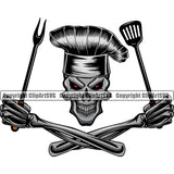 Chef Cook Cooking Cooker BBQ Barbecue Skull Skeleton Hand Holding Spatula Tongs Grin Grinning Color Arms Accessories Design Element Grill Food Restaurant Kitchen Cuisine Culinary Gourmet Design Logo Clipart SVG