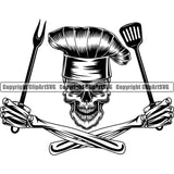 Chef Cook Cooking Cooker BBQ Barbecue Grill Food Skull Skeleton Hand Holding Spatula Tongs Grin Grinning Smile Face White Background Accessories Design Element Restaurant Kitchen Cuisine Culinary Gourmet Design Logo Clipart SVG