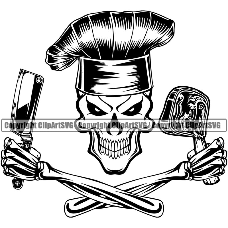 Chef Cook Cooking Cooker BBQ Barbecue Grill Food Restaurant Kitchen Cuisine Skull Skeleton Holding Steak Meat Butcher Knife White Background Design Element Grin Grinning Smile Face Culinary Gourmet Design Logo Clipart SVG