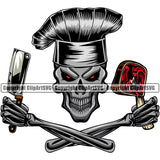 Chef Cook Cooking Cooker BBQ Barbecue Grill Food Restaurant Kitchen Skull Skeleton Hand Holding Butcher Knife Steak Color Arms White Background Design Element Red Eyes Cuisine Culinary Gourmet Design Logo Clipart SVG