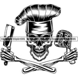 Chef Cook Cooking Cooker BBQ Barbecue Grill Chef Skull Skelton Hand Holding Butcher Knife Steak Smile Face Crossed Design Element Knife Food Restaurant Kitchen Cuisine Culinary Gourmet Design Logo Clipart SVG