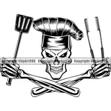 Chef Cook Cooking Cooker BBQ Barbecue Grill Food Skull Skeleton Hand Holding Spatula Tongs Crossed Arms Design Element Hand Holding Accessories White Background Restaurant Kitchen Cuisine Culinary Gourmet Design Logo Clipart SVG