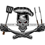 Chef Cook Cooking Cooker BBQ Barbecue Grill Food Restaurant Kitchen Skull Skeleton Hand Holding Spatula Tongs Red Eyes Color Design Element Accessories Cuisine Culinary Gourmet Design Logo Clipart SVG