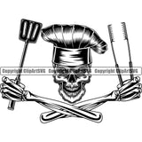 Chef Cook Cooking Cooker BBQ Barbecue Grill Skull Skeleton Hand Holding Tongs Spatula Smile Face White Background Cross Hand Accessories Food Restaurant Kitchen Cuisine Culinary Gourmet Design Logo Clipart SVG