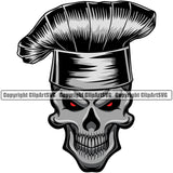 Chef Cook Cooking Cooker BBQ Barbecue Grill Food Restaurant Kitchen Skull Skeleton Color Head Red Eyes White Background Design Element Wearing Hat Cuisine Culinary Gourmet Design Logo Clipart SVG
