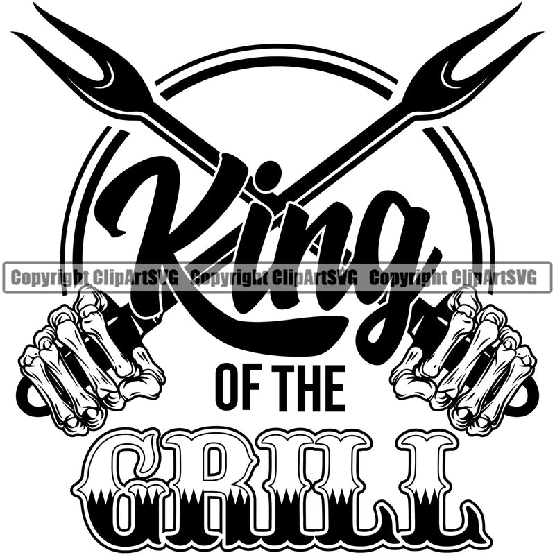 Chef Cook Cooking Cooker BBQ Barbecue Skull Skeleton Hand Circle Design Element King Of Grill Quote Text Food Restaurant Kitchen Cuisine Culinary Gourmet Design Logo Clipart SVG
