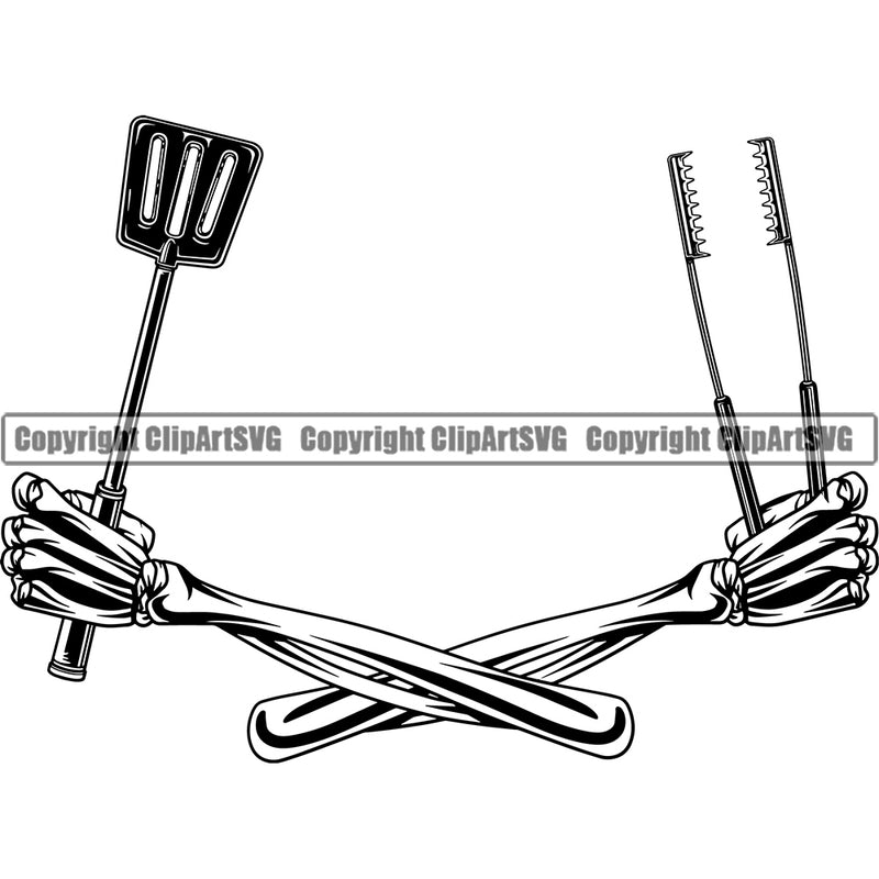 Chef Cook Cooking Cooker BBQ Barbecue Grill Food Chef Skull Skeleton Crossed Hand Holding Accessories Design Element Restaurant Kitchen Cuisine Culinary Gourmet Design Logo Clipart SVG