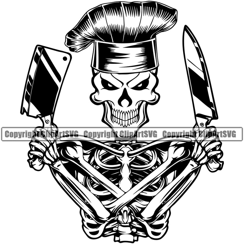 Chef Cook Cooking Cooker BBQ Barbecue Grill Chef Skull Skeleton Arms Hand Holding Knife Design Element Wearing Hat White Background Food Restaurant Kitchen Cuisine Culinary Gourmet Design Logo Clipart SVG