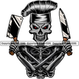 Chef Cook Cooking Cooker BBQ Barbecue Skull Skeleton Hand Holding Butcher Knife Color Design Element Red Eyes White Background Wearing Hat Design Element Grill Food Restaurant Kitchen Cuisine Culinary Gourmet Design Logo Clipart SVG