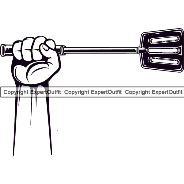 Chef Cook Cooking Cooker BBQ Barbecue Grill Food Restaurant Kitchen Chef Utensil Hand Holding Spatula Hand Arms Up White Background Design Element Cuisine Culinary Gourmet Design Logo Clipart SVG