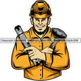 Construction Work Worker Building Contractor Builder Build Building Construction Man Uniform Helmet Hard Hat Mallet Hammer Level Color Design Element Smile Face Carpenter Business Company Job Design Logo Clipart SVG