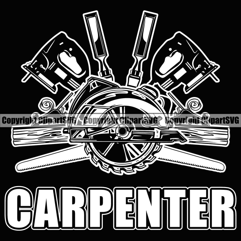 Construction Work Worker Building Contractor Electric Saw Chisel Wood Builder Build Building Carpenter Carpenter Black Background Design Element Quote Text Business Company Job Design Logo Clipart SVG
