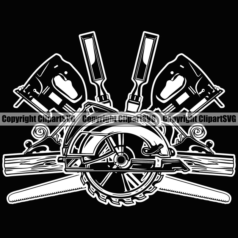 Construction Work Worker Building Contractor Electric Saw Chisel Wood Builder Build Building Carpenter Carpenter Life Black Color Background Design Element Business Company Job Design Logo Clipart SVG