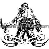 Construction Work Worker Building Contractor Builder Build Building Construction Carpenter Skull Skeleton Design Element With Backbone Of America Quote Text Carpenter Business Company Job Design Logo Clipart SVG