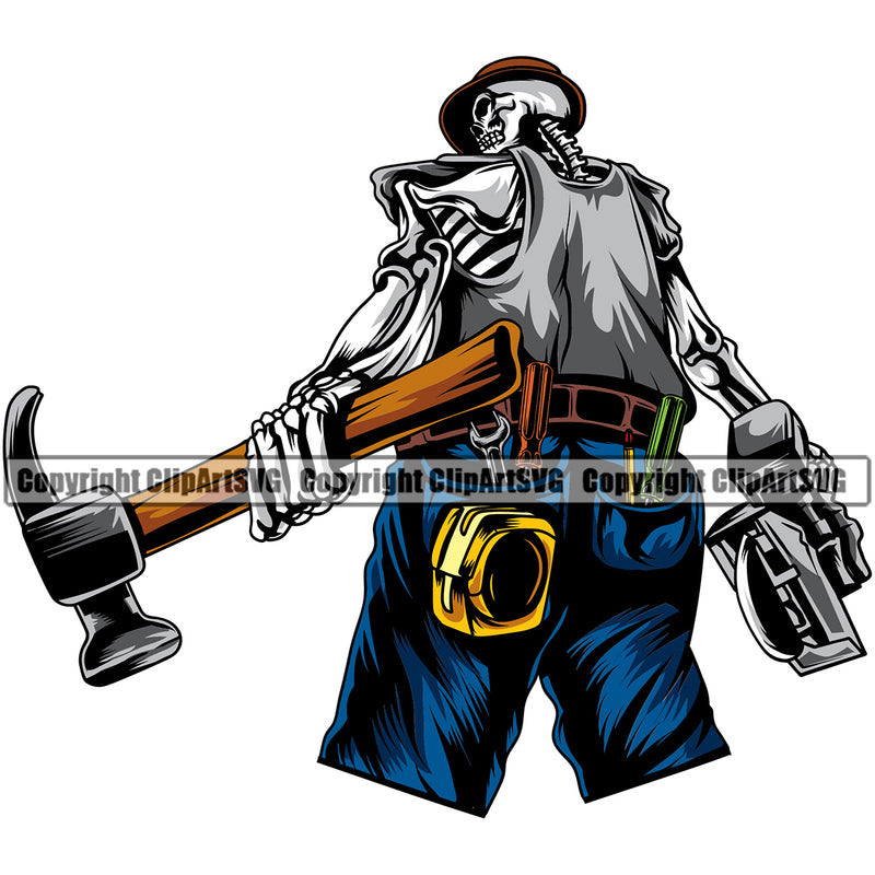 Construction Work Worker Construction Carpenter Skull Skeleton Design Element White Background Hand Holding Hammer Building Contractor Builder Build Building Carpenter Business Company Job Design Logo Clipart SVG