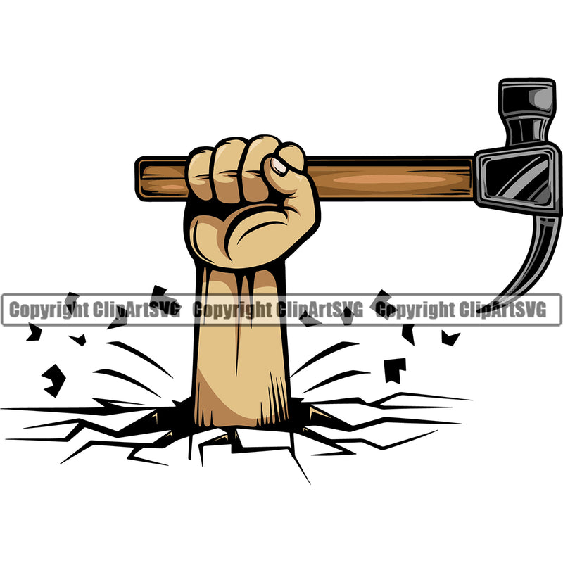 Construction Work Worker Building Contractor Builder Build Building White Caucasian American Construction Hand Holding Hammer Break Floor Design Element Carpenter Business Company Job Design Logo Clipart SVG
