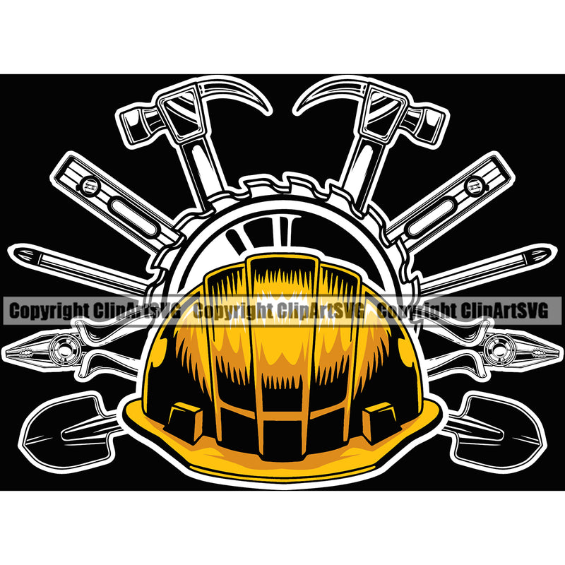 Construction Work Worker Building Contractor Helmet Hard Hat Hammer Pliers Screwdriver Construction Life Helmet Yellow Color Accessories Design Element Black Background Builder Build Building Carpenter Business Company Job Design Logo Clipart SVG