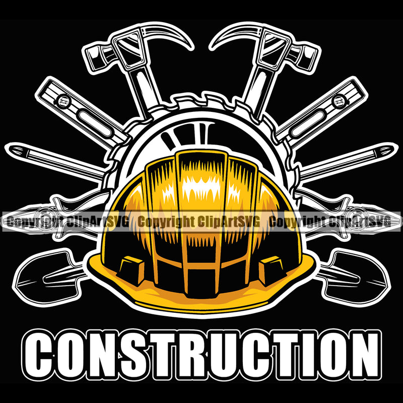 Construction Work Worker Building Contractor Helmet Hard Hat Hammer Pliers Screwdriver Builder Build Building Carpenter Construction Yellow Color Helmet Quote Text Black Background Design Element Business Company Job Design Logo Clipart SVG